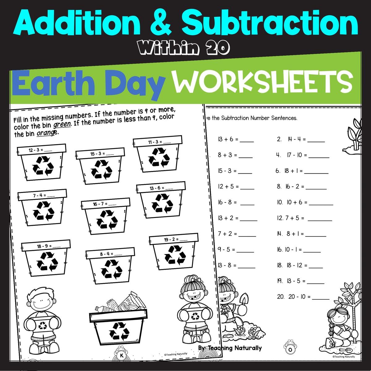 Earth Day Addition And Subtraction Within 20 Printable Worksheets Made By Teachers Earth Day Coloring Color By Number Letter Addition Subtraction Sight Word Etsy