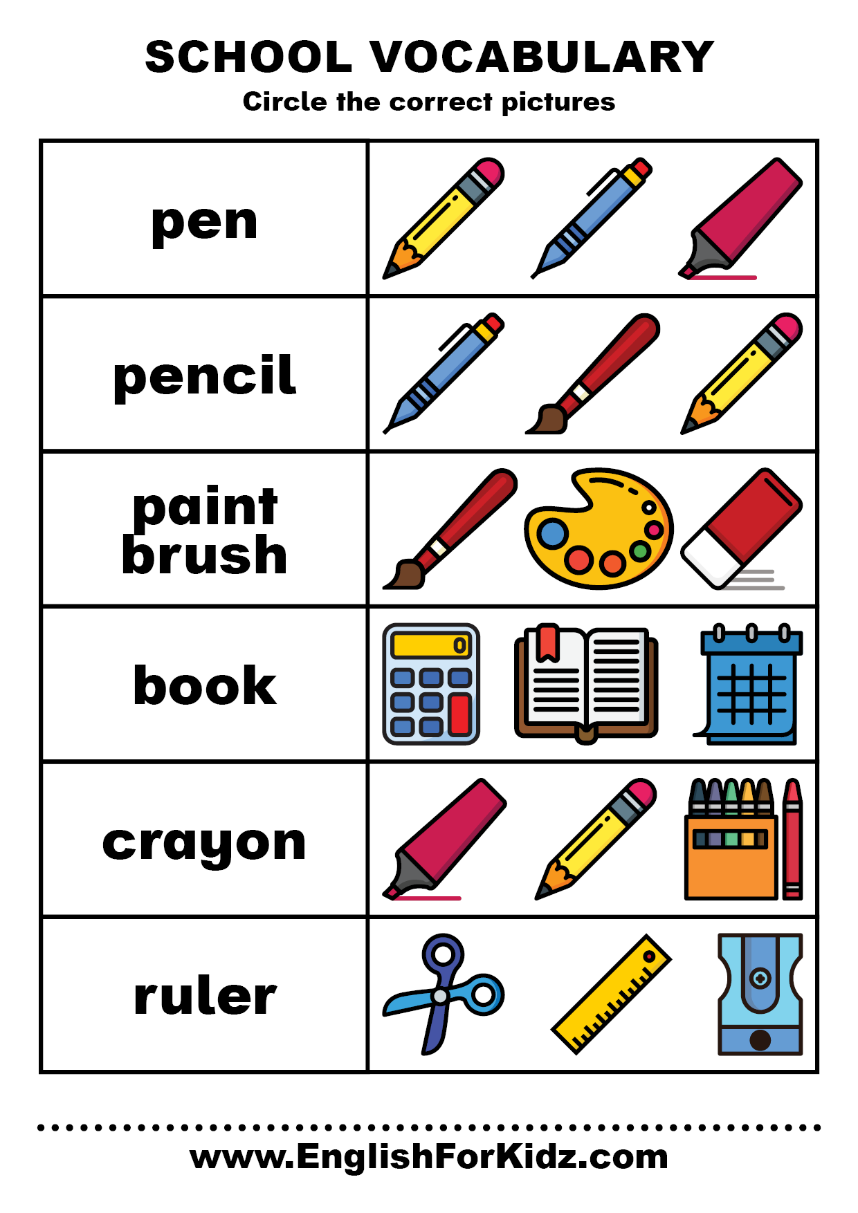 English For Kids Step By Step School Vocabulary Worksheets Free PDF