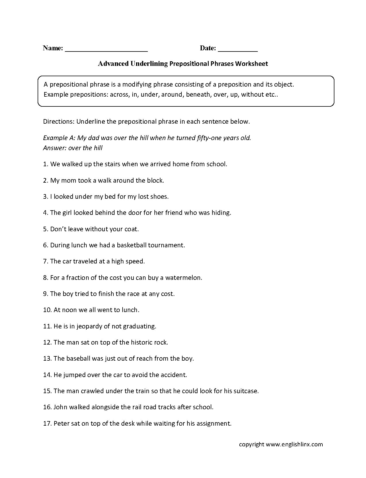 Prepositional Phrases Worksheet 1 Reading Level 2 Preview