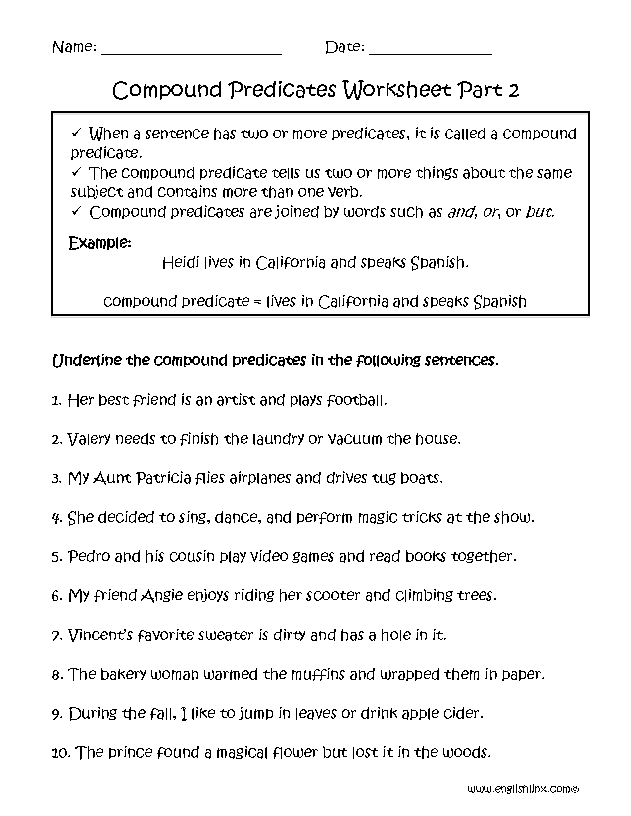 Englishlinx Subject And Predicate Worksheets Subjects Predicates And Objects Language Arts Activities