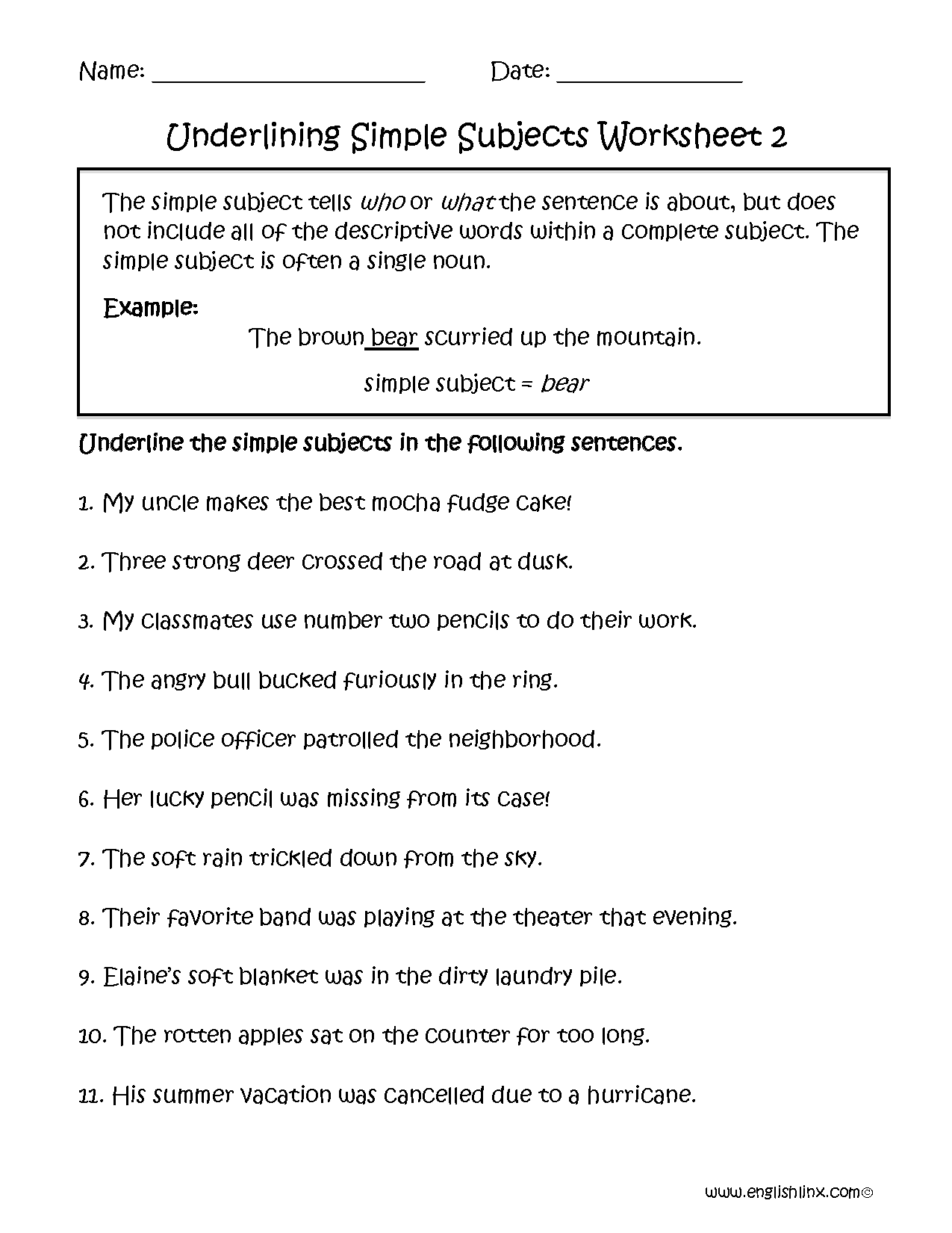 Identifying Subject Predicates And Verbs In A Sentence Worksheets Etsy