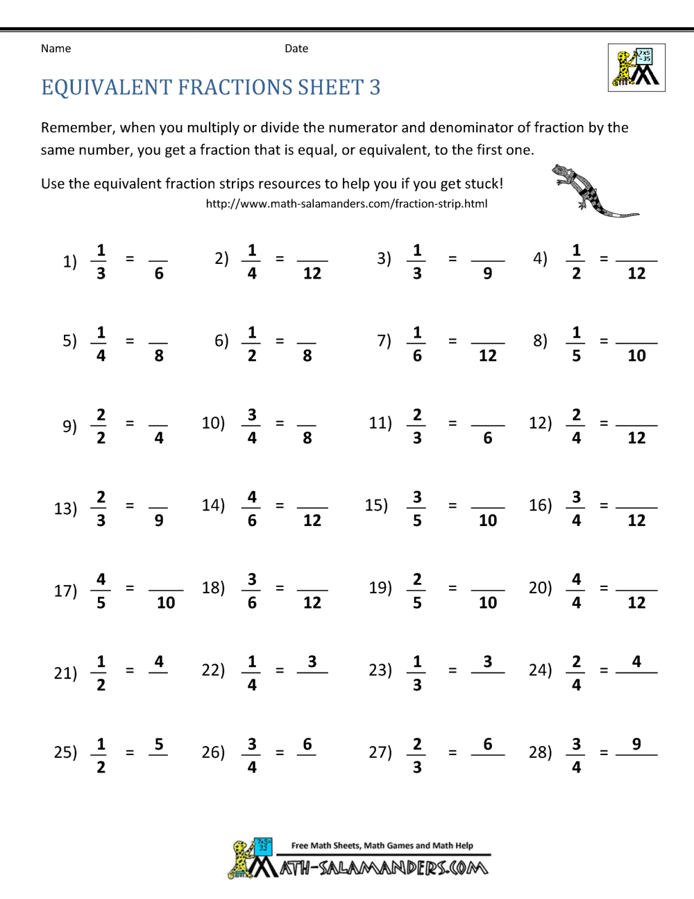 Equivalent Fractions Worksheet