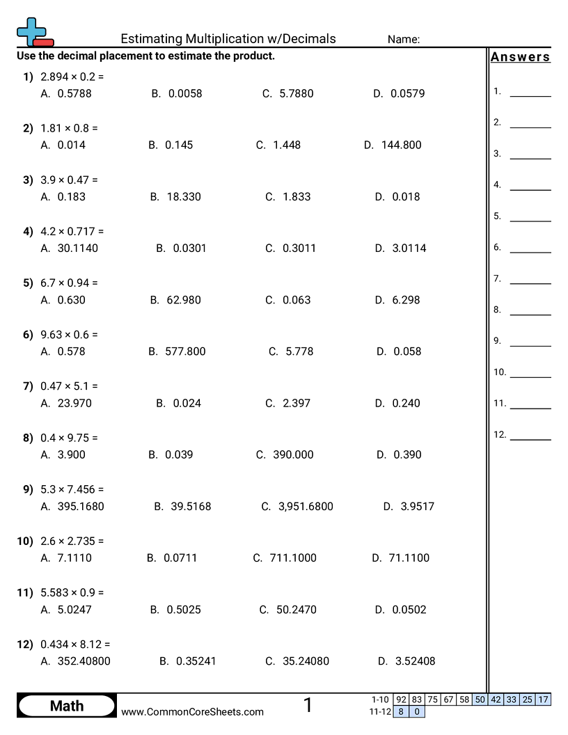 Estimating Multiplication W Decimals Worksheet Download