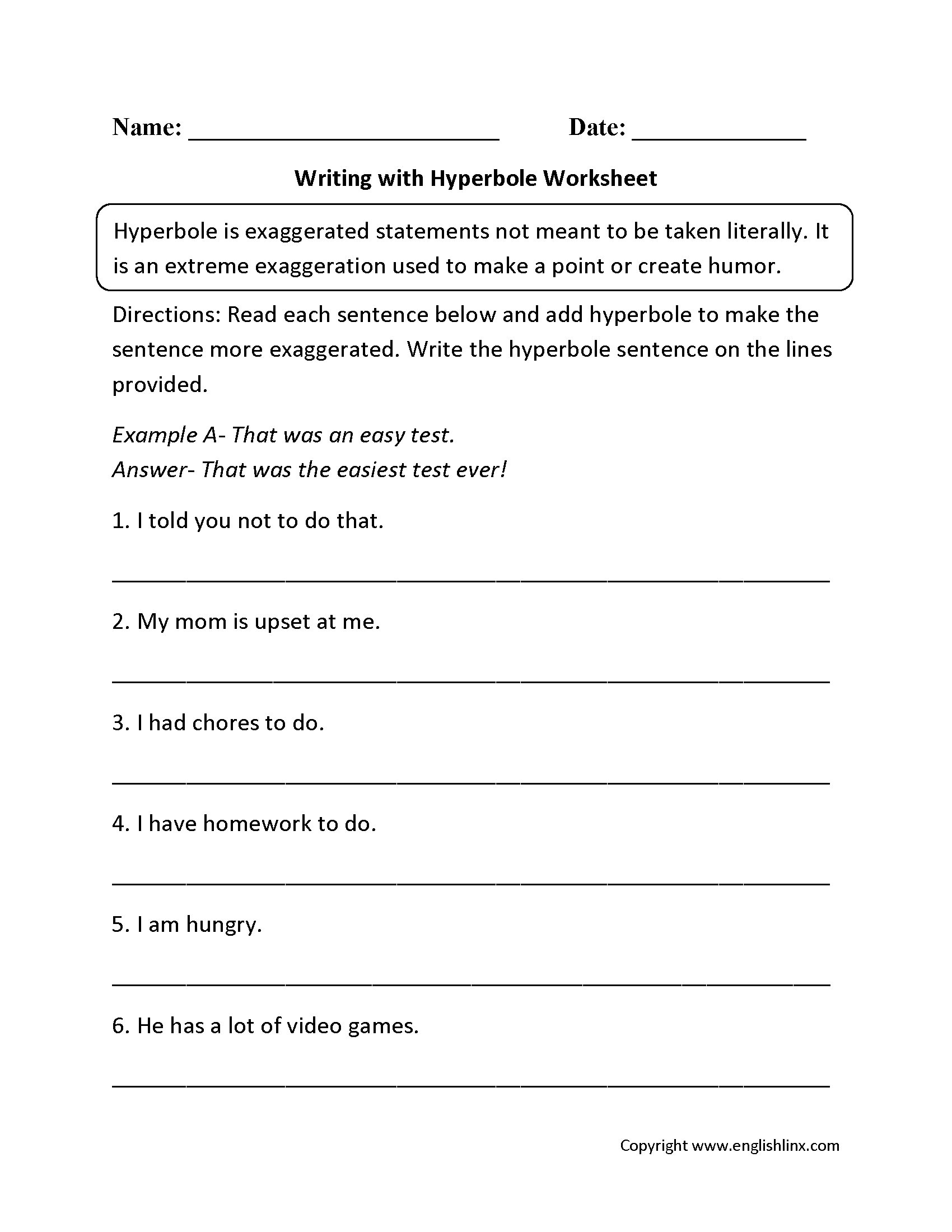 Figurative Language Worksheets Hyperbole Worksheets