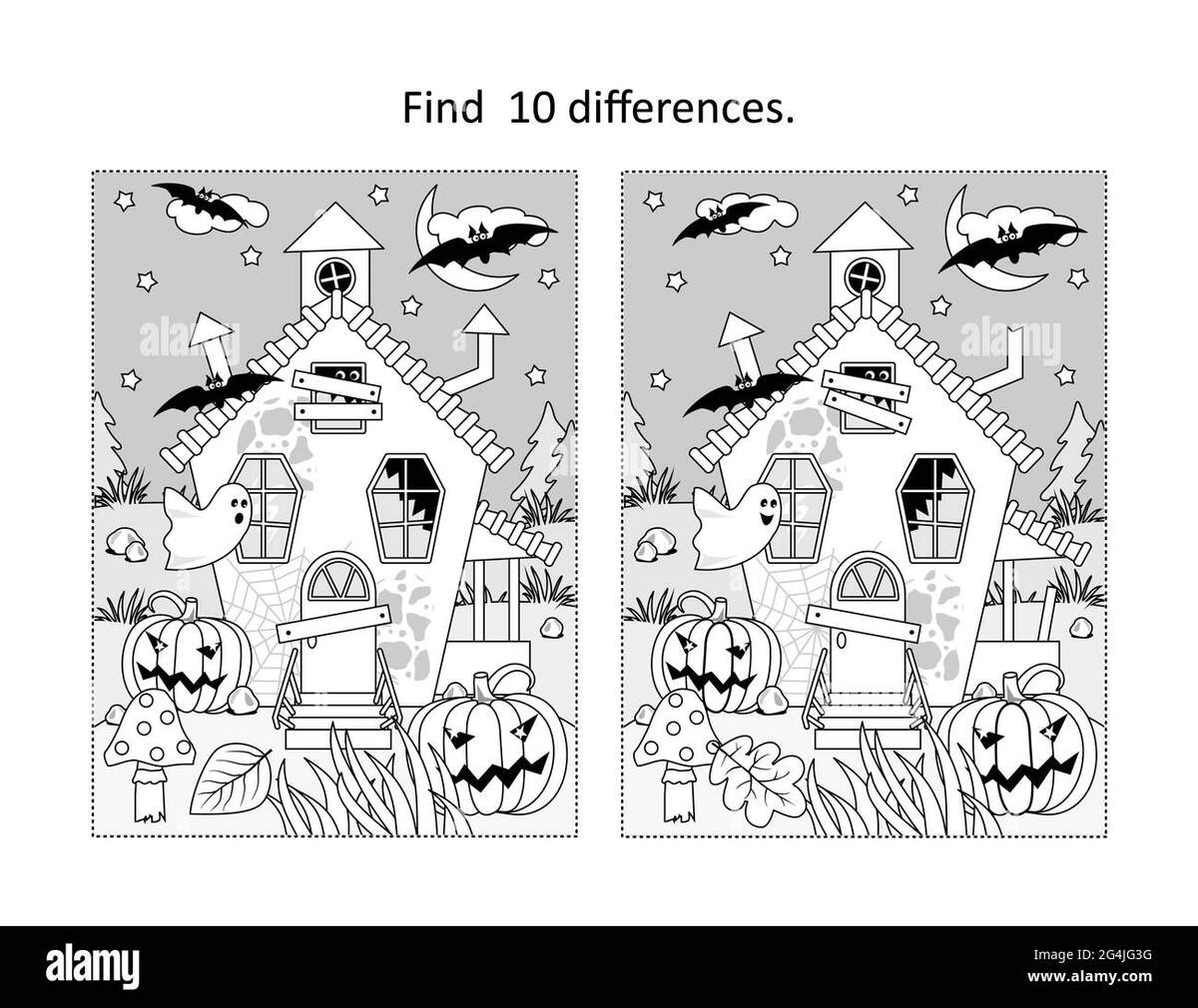 Find 10 Differences Visual Puzzle And Coloring Page With Halloween Haunted House Stock Vector Image Art Alamy
