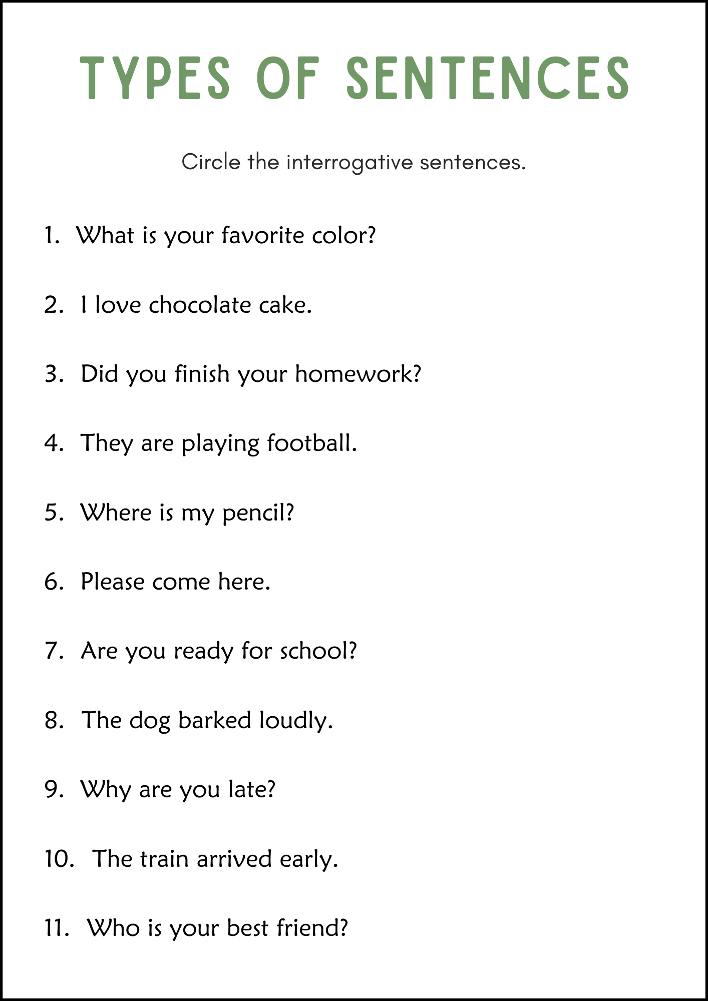 Four Types Of Sentences Grammar Worksheets Declarative Interrogative Imperative Exclamatory Made By Teachers