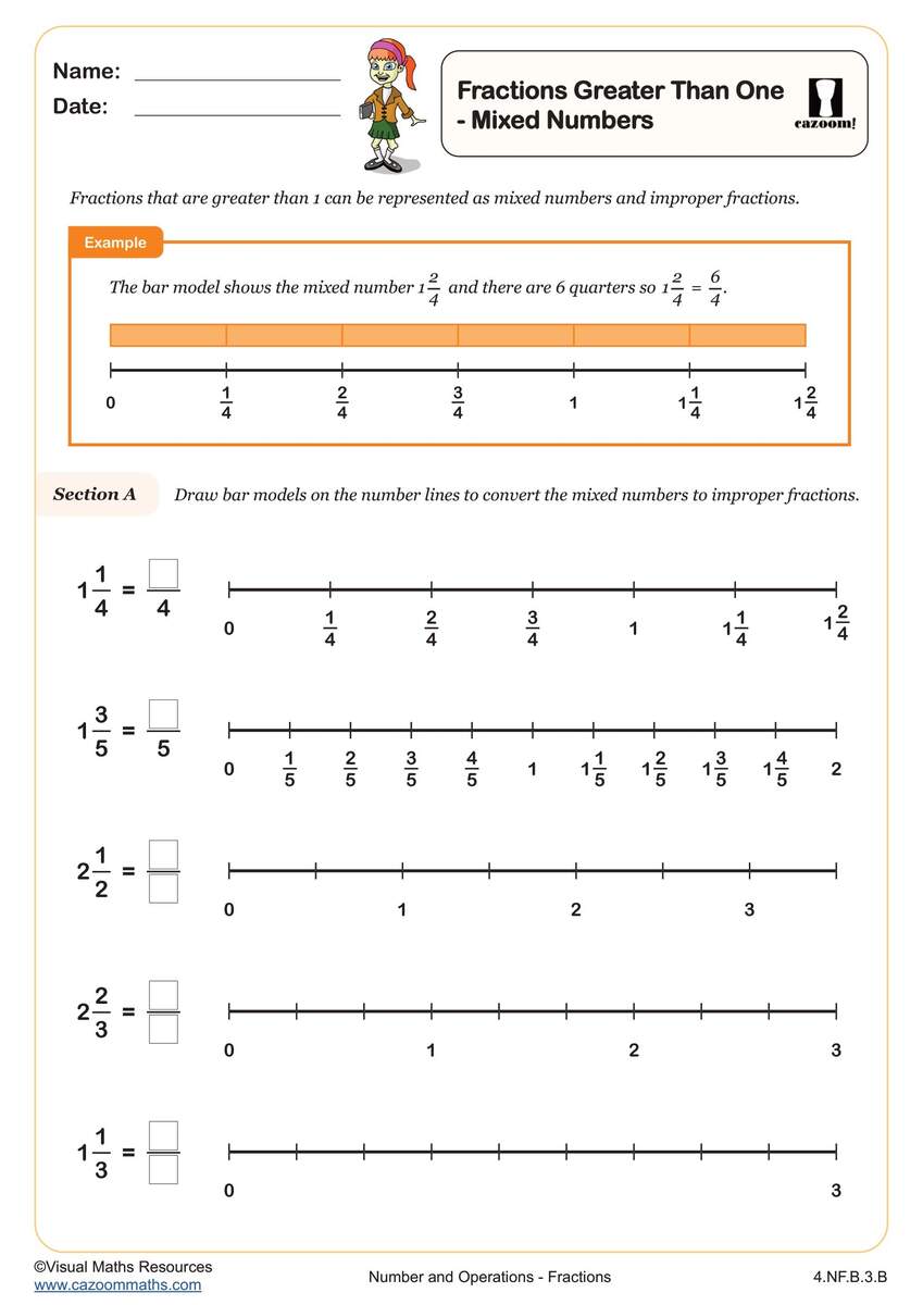 Fractions Greater Than One Mixed Numbers And Improper Fractions Worksheet Printable PDF 4th Grade Number Operations Worksheet Cazoom Math Worksheets For Fraction Addition