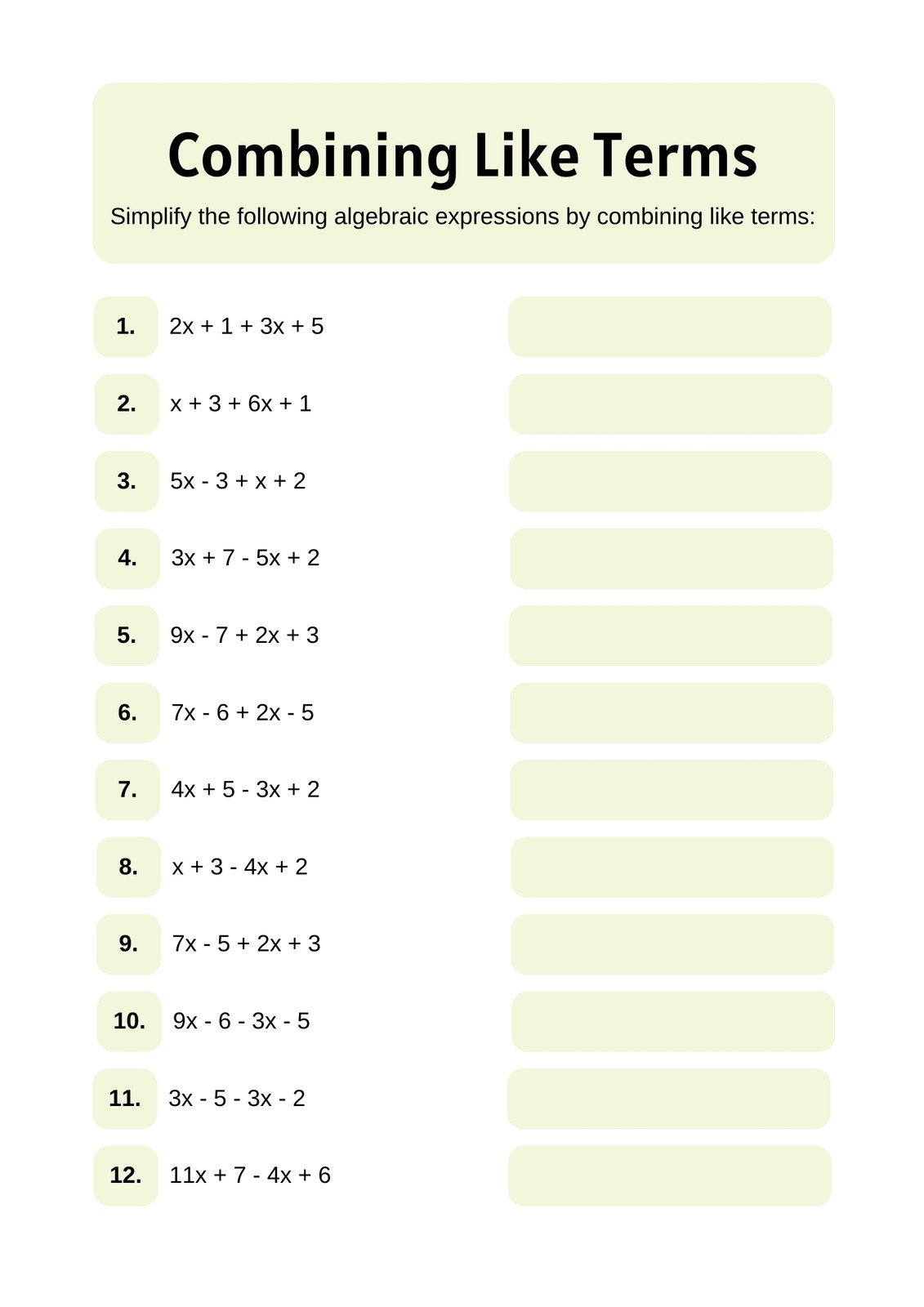 Free Custom Combining Like Terms Worksheet Templates Canva