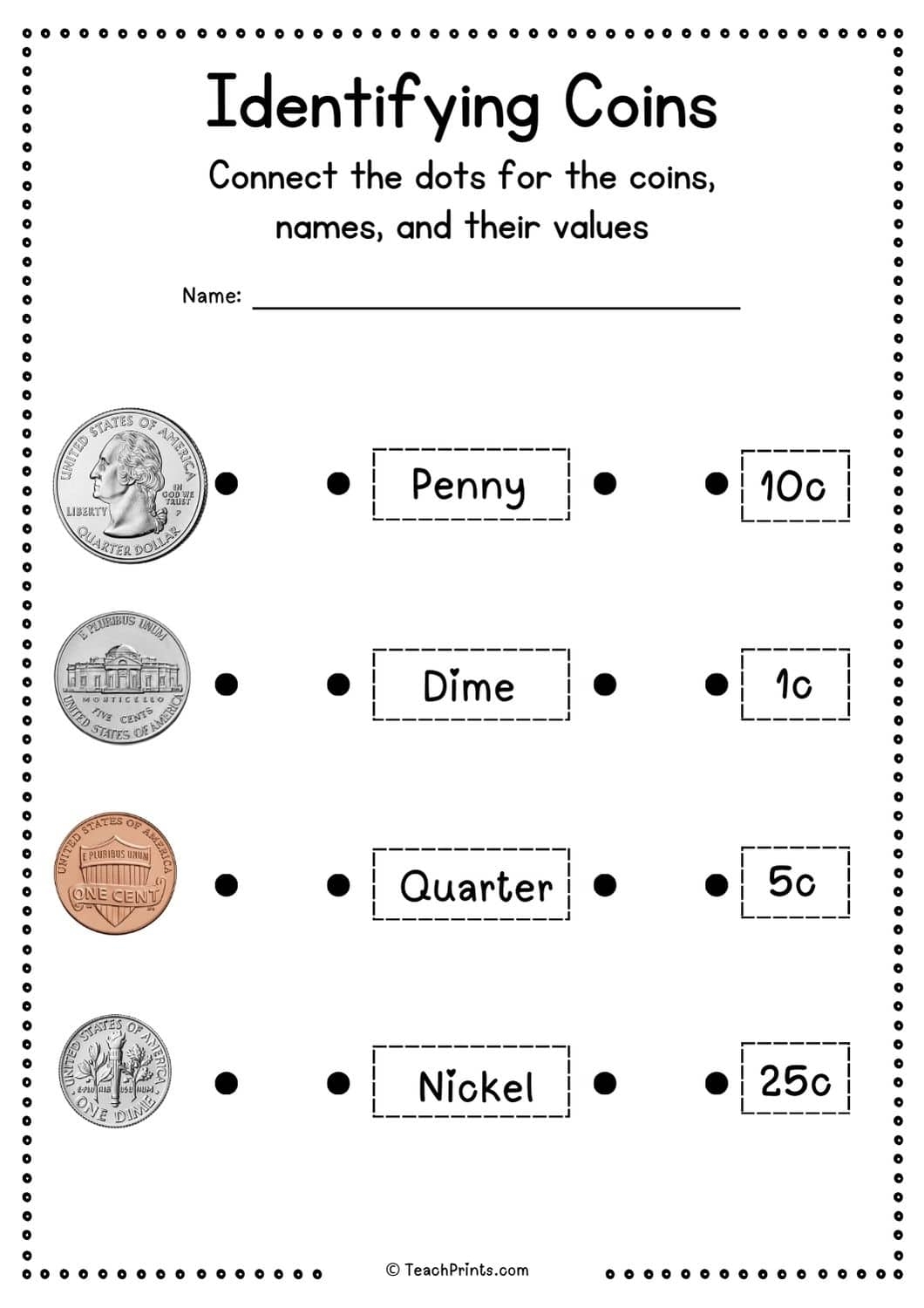 Free Identifying Coins Worksheets Teach Prints Money Worksheets