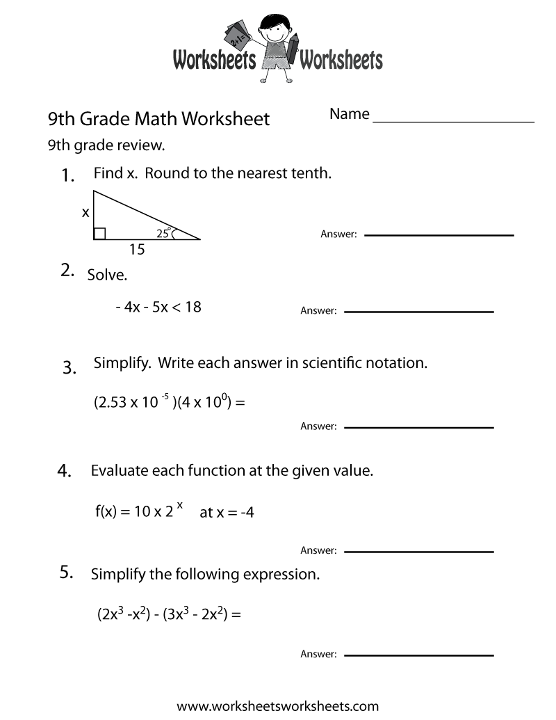 Free Printable 9th Grade Math Review Worksheet Free Printable Ninth Grade Math Practice Worksheet
