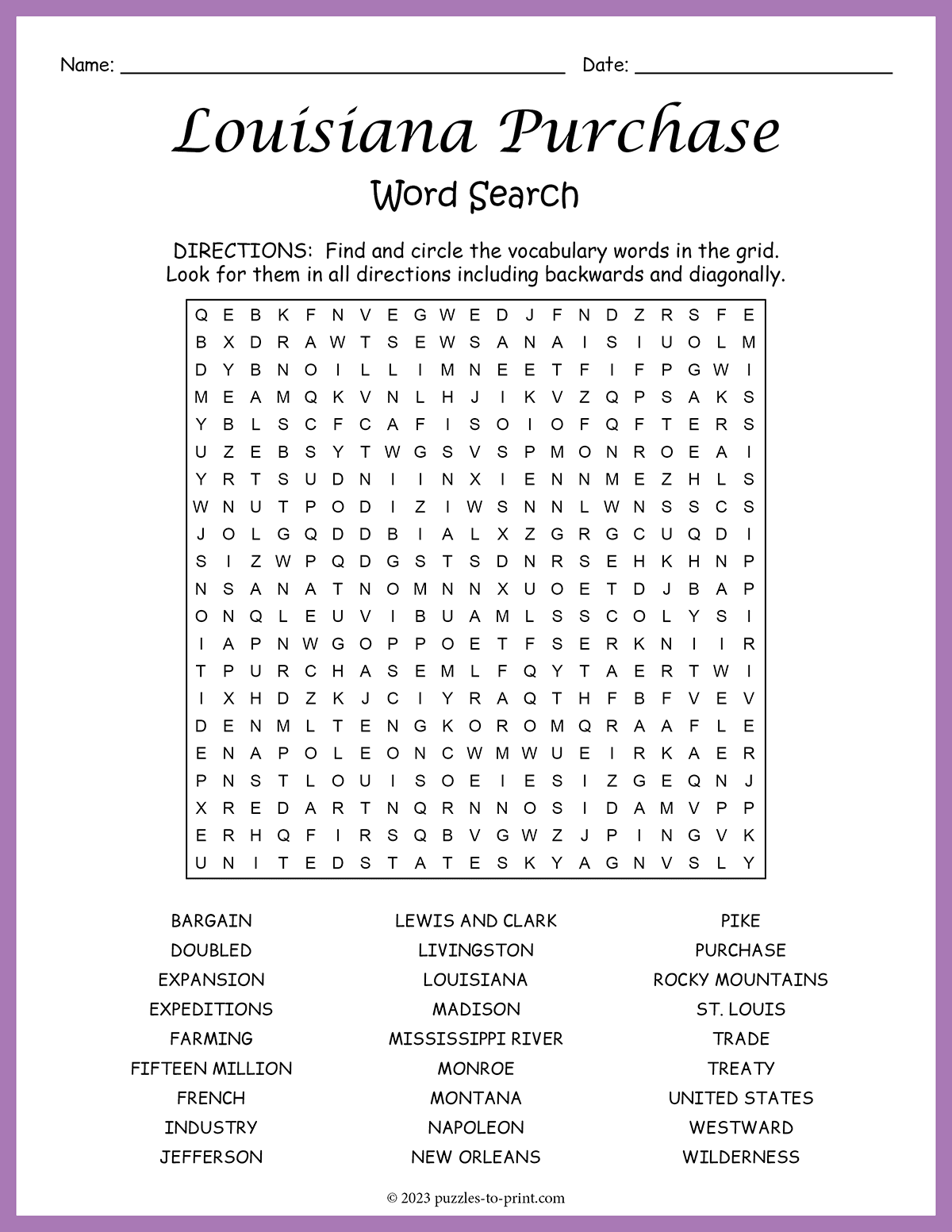 Free Printable Louisiana Purchase Word Search