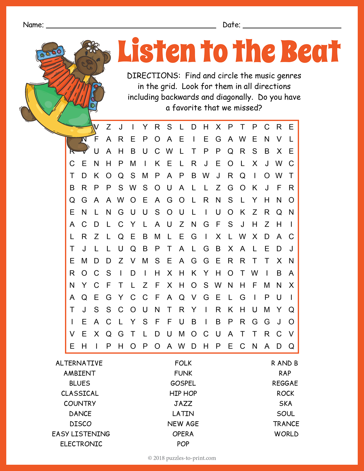 Free Printable Music Genres Word Search