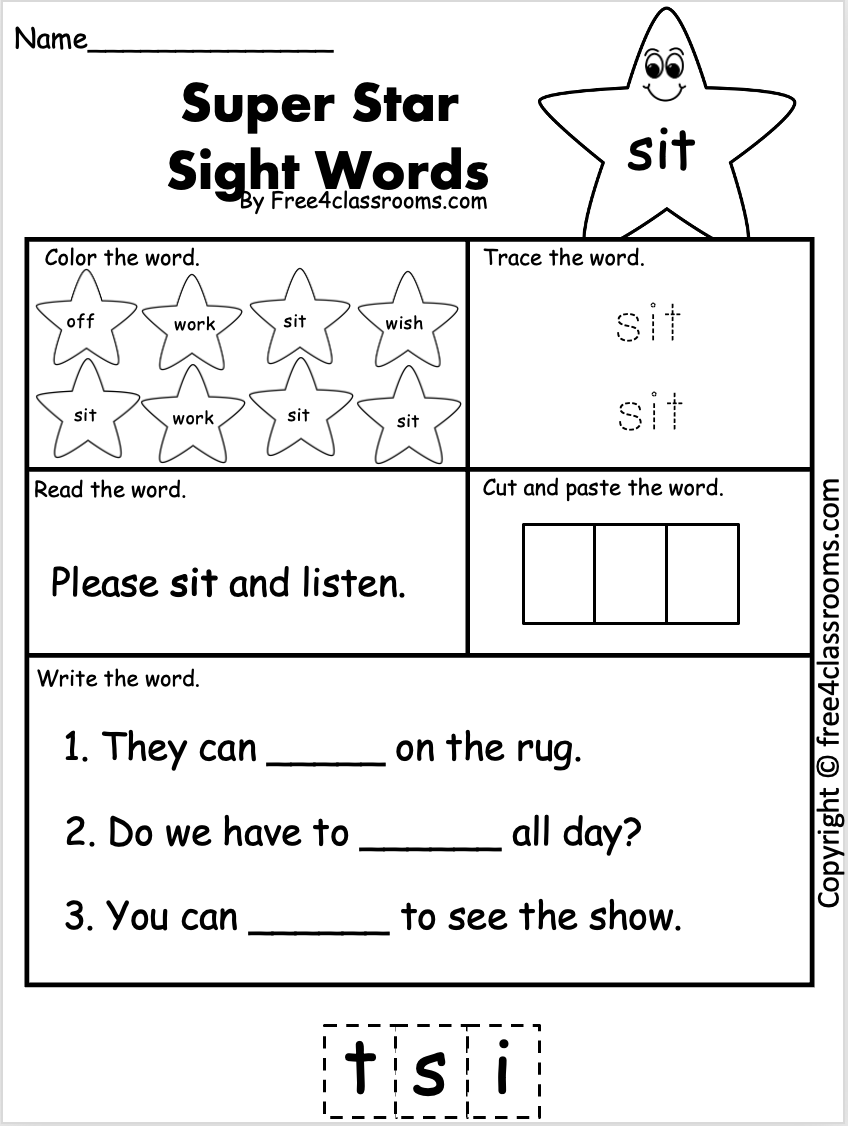 Free Sight Word Worksheet Sit Free Sight Word Worksheet Sit
