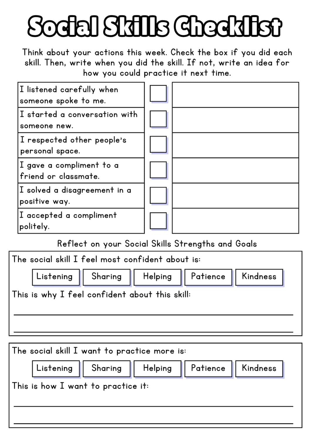 Printable Social Skills Worksheets