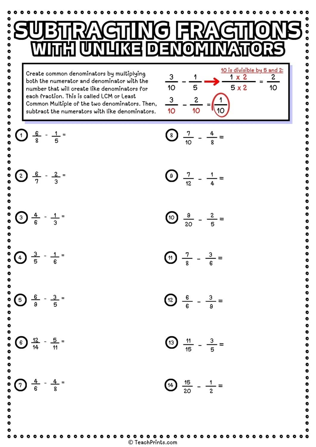 Free Subtracting Fractions With Unlike Denominators Worksheets Teach Prints
