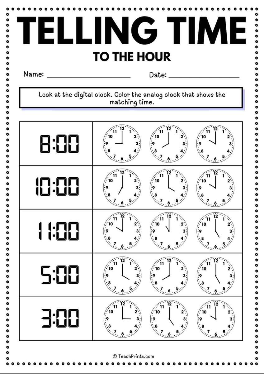 Free Telling Time To The Hour Worksheets Teach Prints