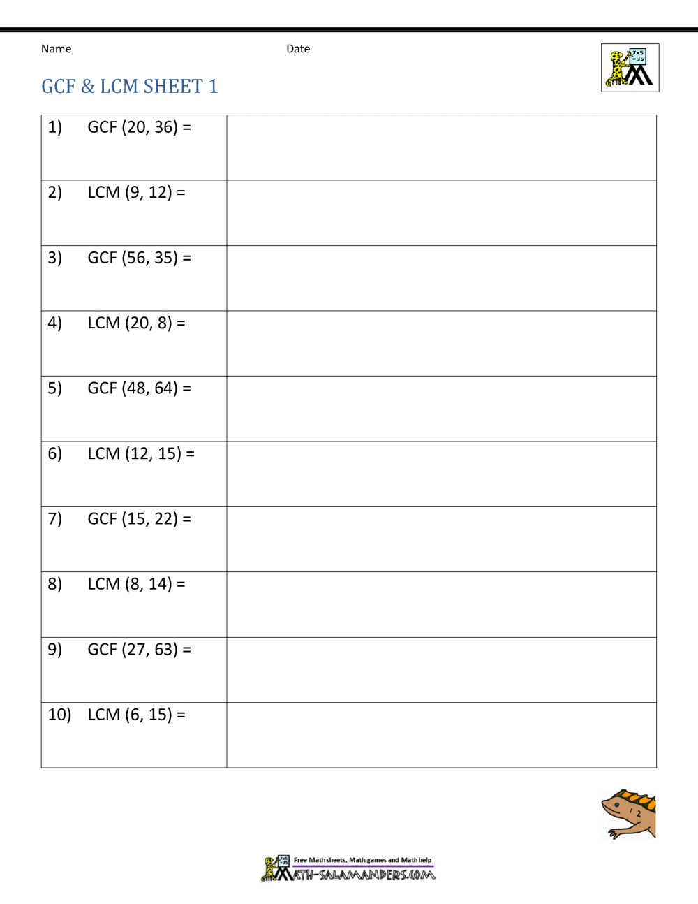Greatest Common Factor Worksheet Page