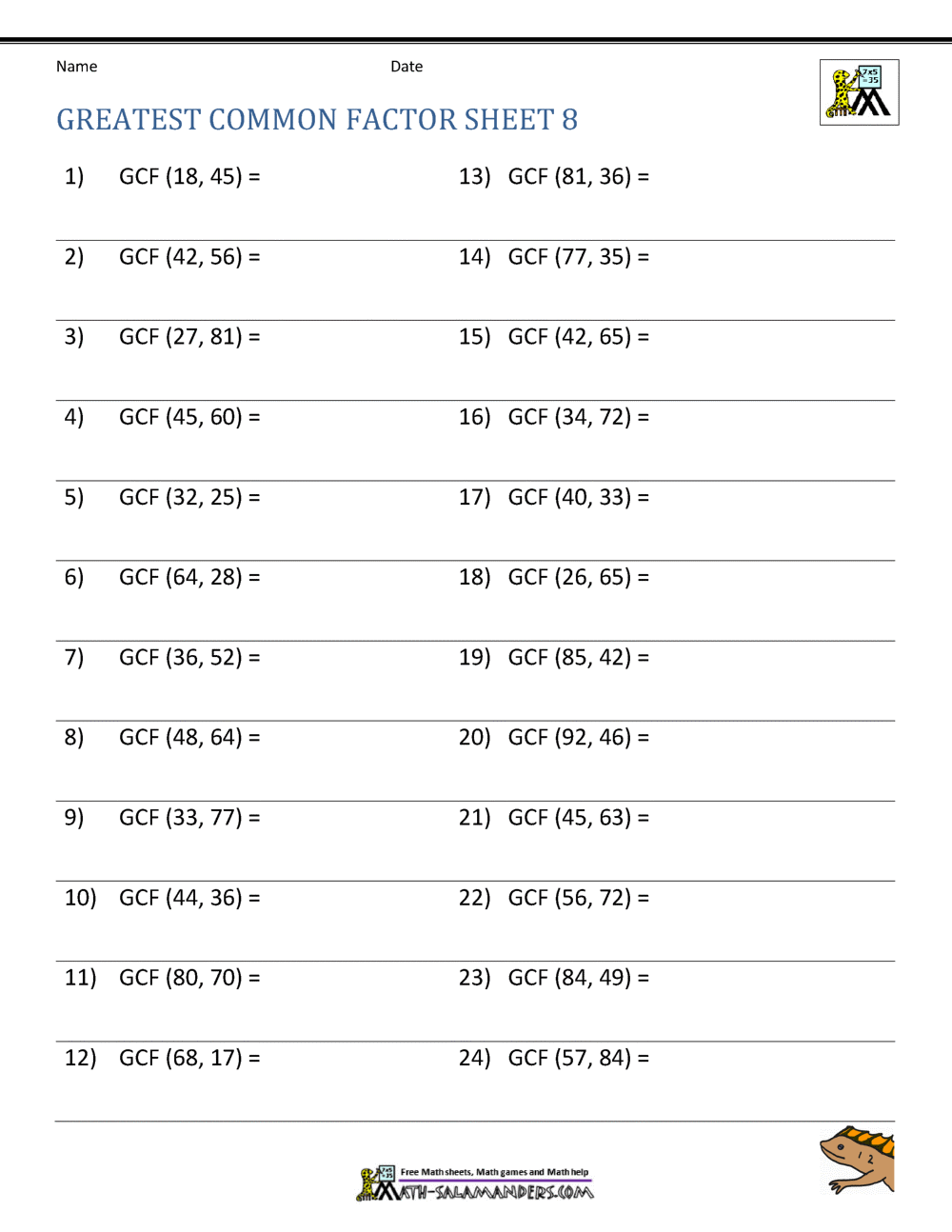 Greatest Common Factor Worksheet Page