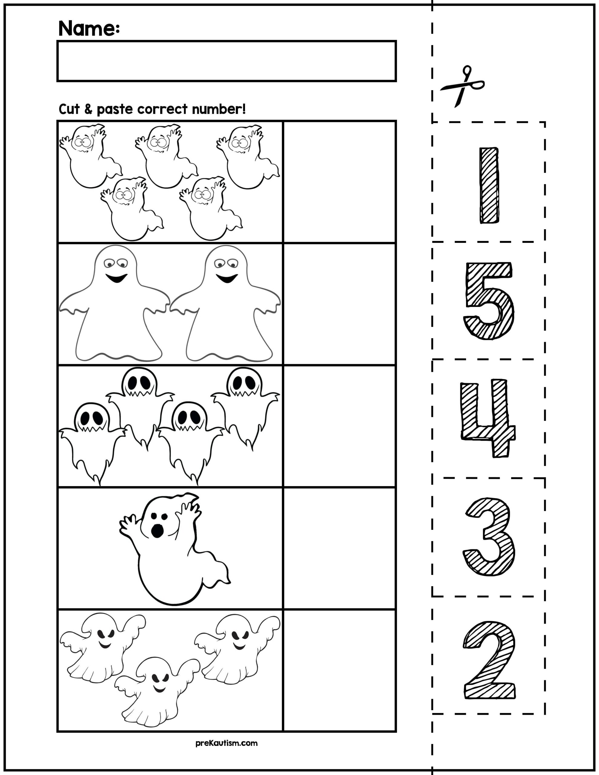 Halloween Ghosts Cut Match Worksheets Numbers 1 5 By PreKautism
