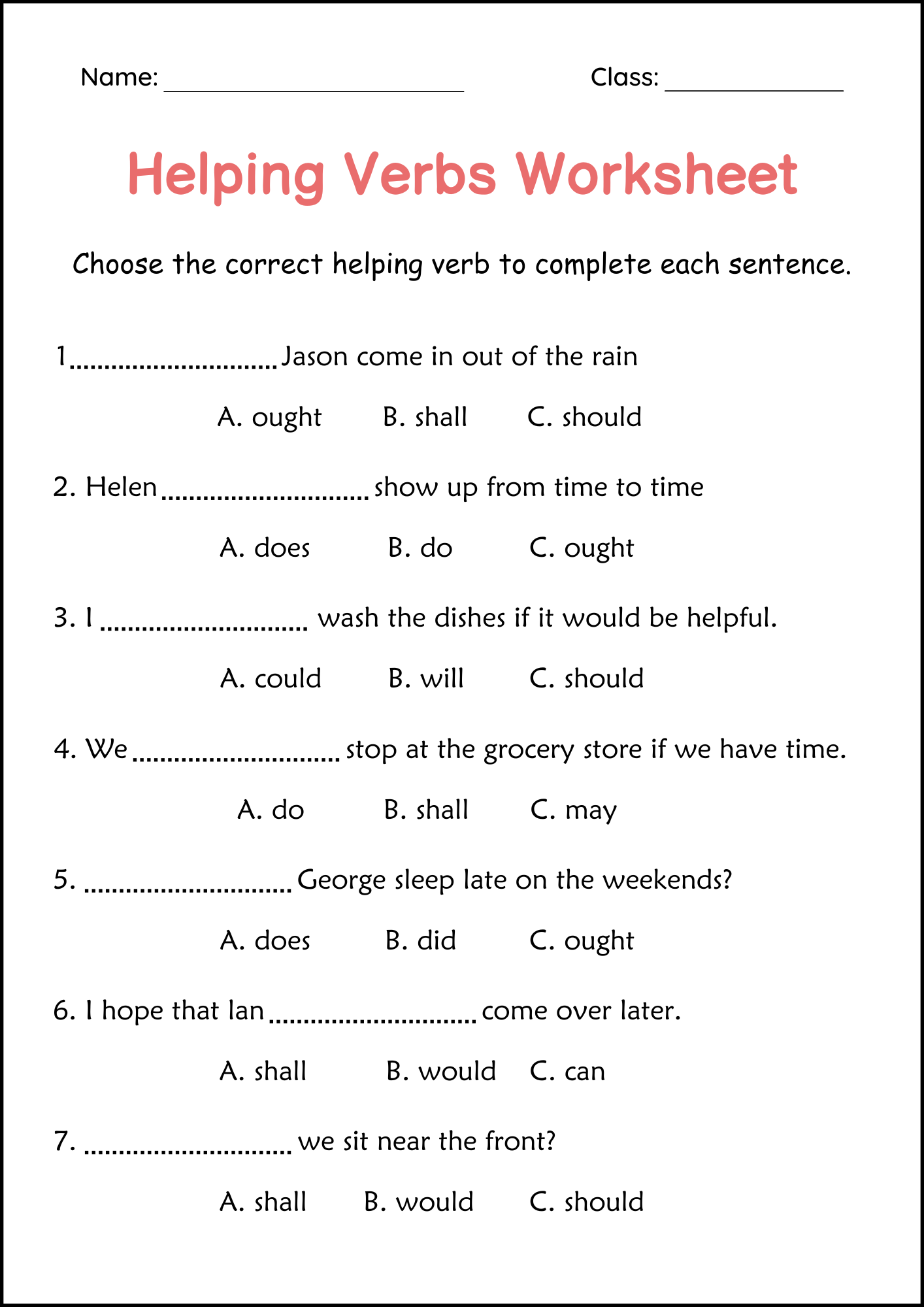 Helping Verbs Grammar Practice Worksheet For Grade 1 Auxiliary Verbs Made By Teachers