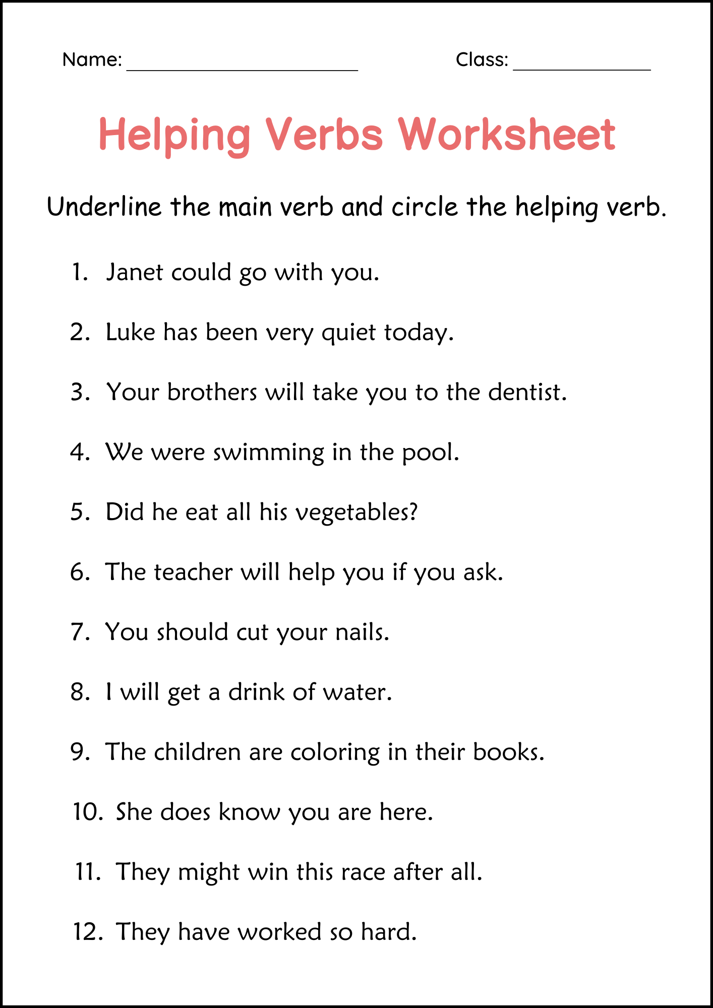 Helping Verbs Grammar Practice Worksheet For Grade 1 Auxiliary Verbs Teaching Resources