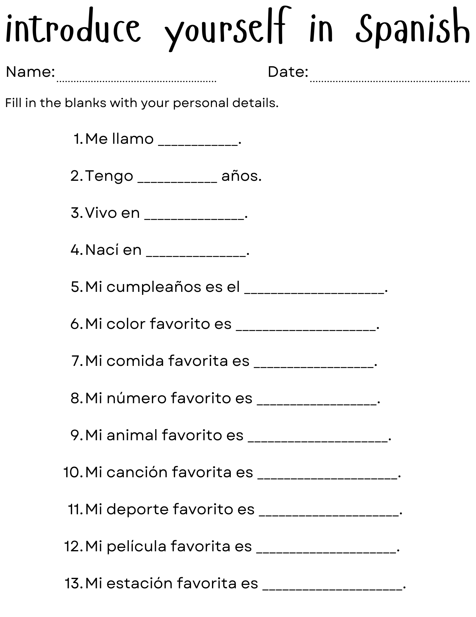 How To Introduce Yourself In Spanish Worksheet Presentate En Espa ol Teaching Resources