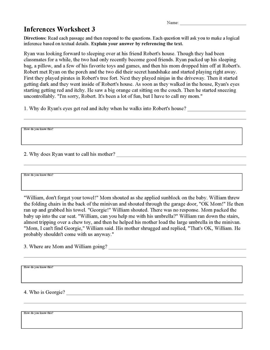 Inferences Worksheet 3 Reading Activity Inferences Worksheet 3 Reading Activity