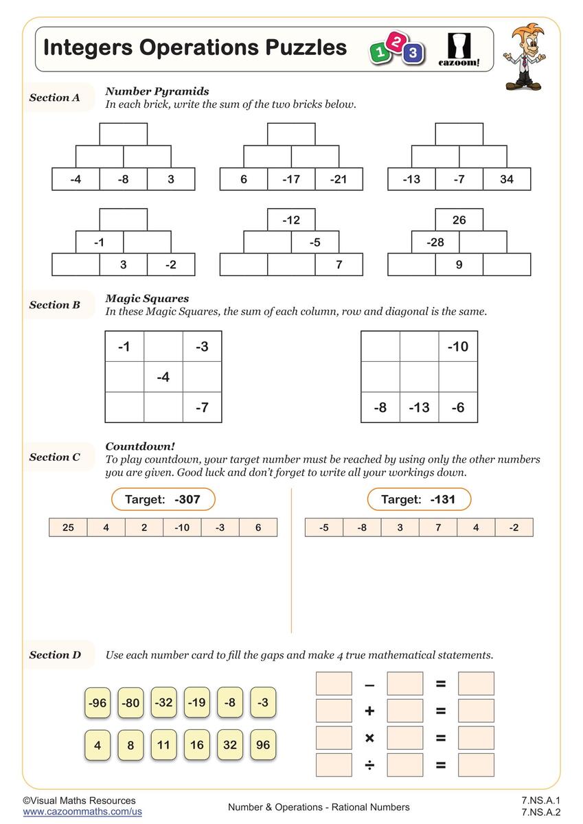 Integers Operations Puzzles Worksheet PDF Printable Number Operations Worksheet Cazoom Math Christmas Tree Addition Puzzle Worksheets FREE PDF