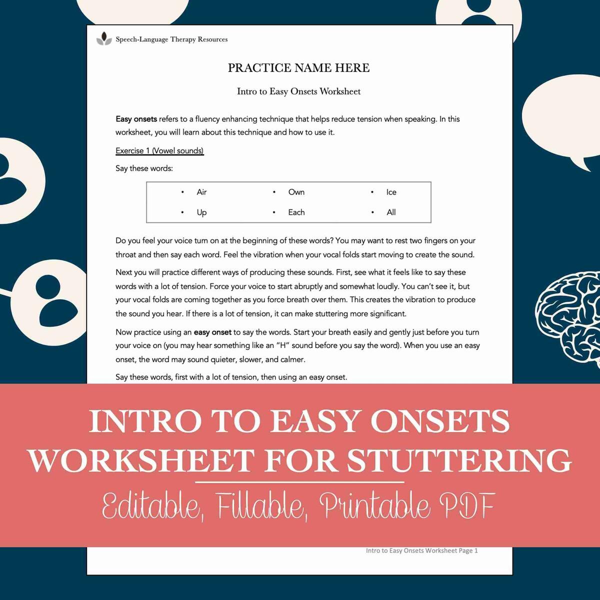 Intro To Easy Onsets Worksheet For Stuttering For Speech Therapy Editable Fillable Printable PDF SpeechTherapyByPro