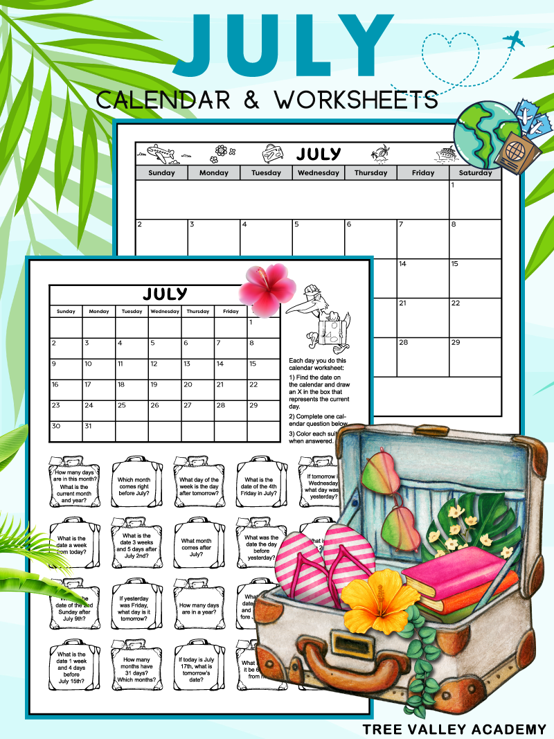 July 2026 Calendar Worksheets Tree Valley Academy