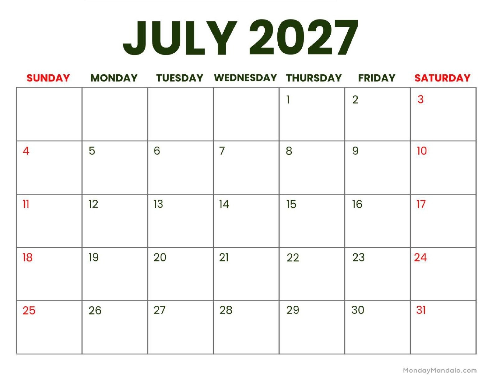 July 2027 Printable Calendar 52 Free PDF Printables