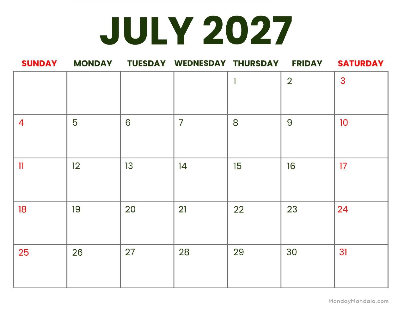 July 2027 Printable Calendar 52 Free PDF Printables