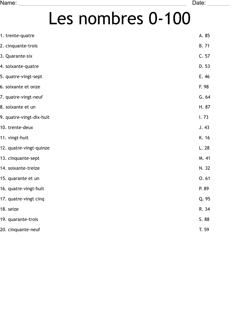 French Numbers 1 100 Worksheet