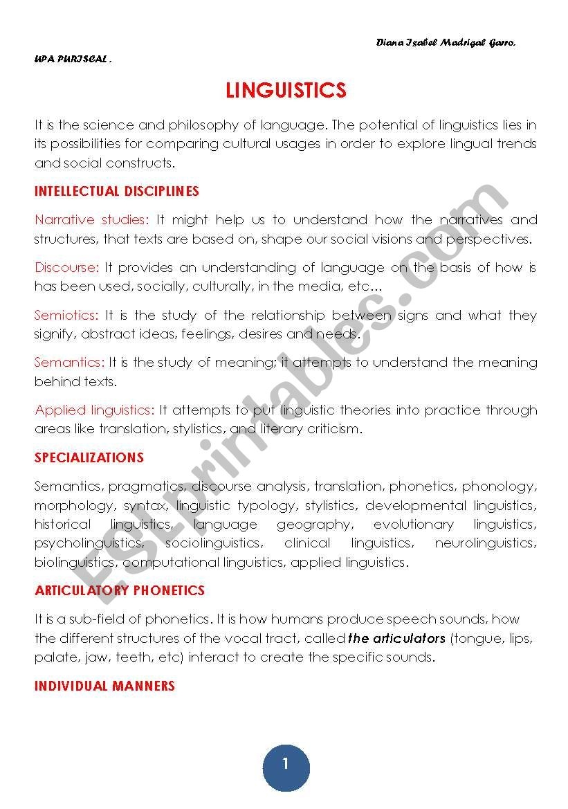 LINGUISTICS ESL Worksheet By Dianna Madrigal