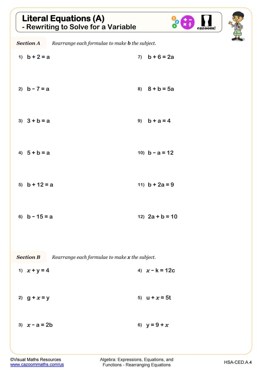 Literal Equations A Rewriting To Solve For A Variable Worksheet Algebra I PDF Worksheets Cazoom Math Literal Equations A Rewriting To Solve For A Variable Worksheet Algebra I PDF Worksheets Cazoom Math