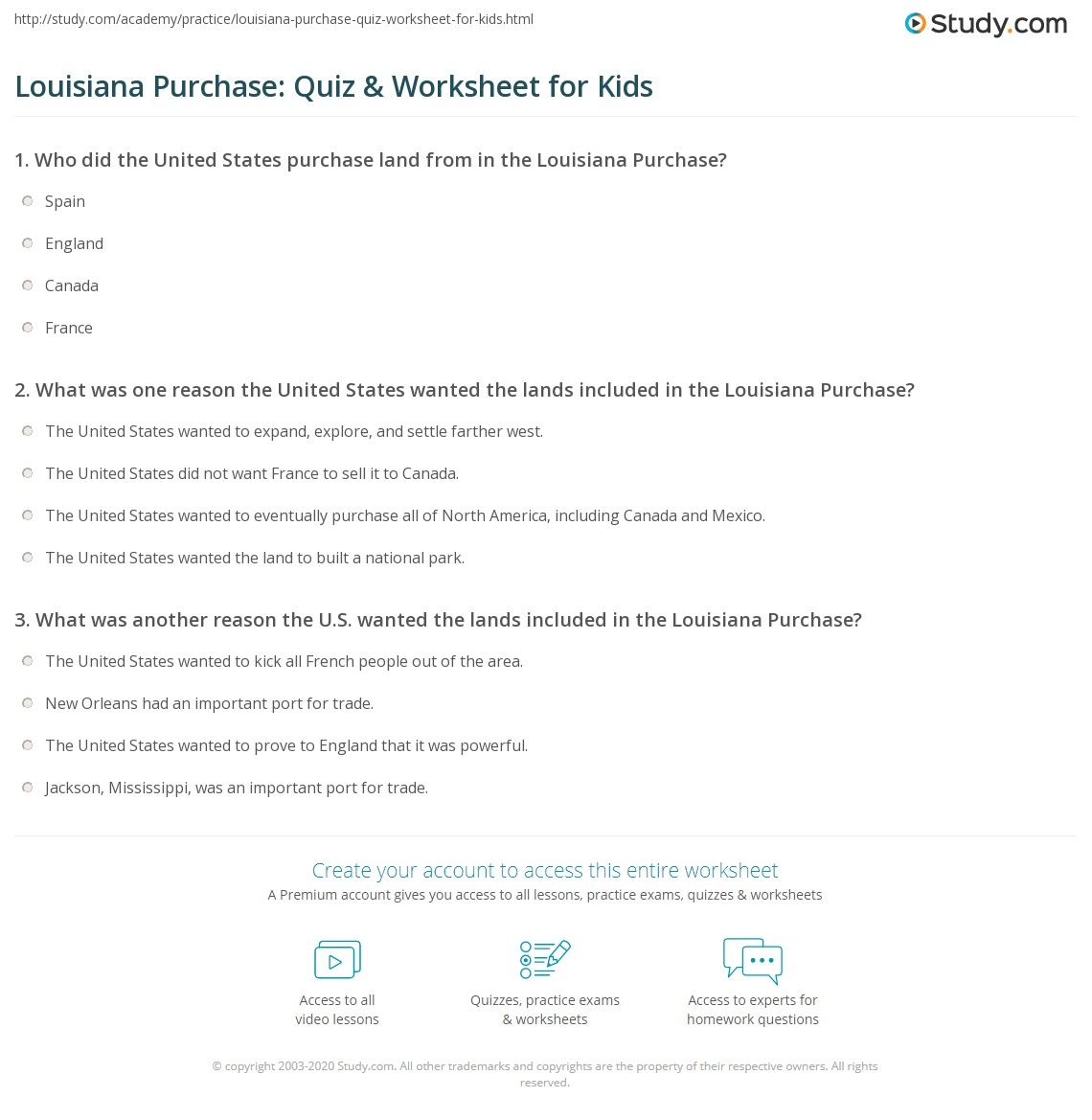 Louisiana Purchase Quiz Worksheet For Kids Study Louisiana Purchase Quiz Worksheet For Kids Study