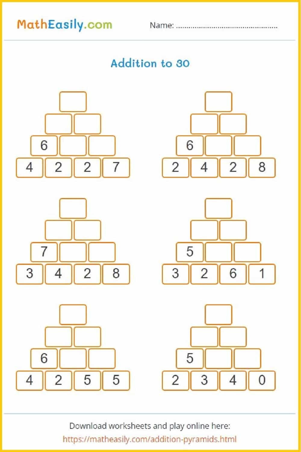 Math Number Pyramid Puzzle Game Worksheets Math Number Pyramid Puzzle Game Worksheets