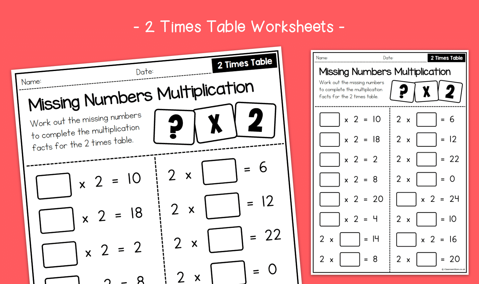 Missing Numbers Multiplication 2 Times Table Activity Worksheets KS1 Multiplication Primary Maths
