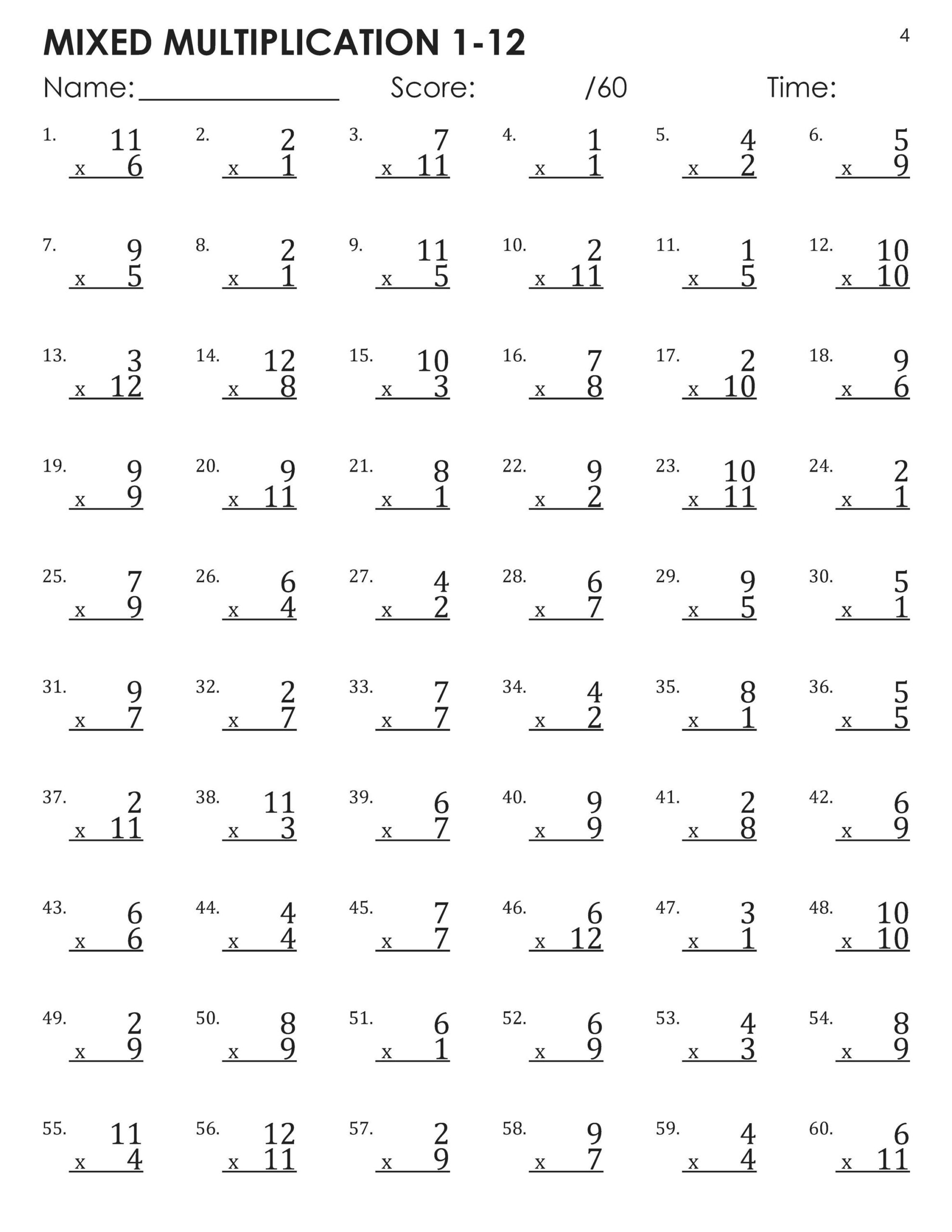 Mixed Multiplication Facts 1 12 Timed Tests Worksheets Etsy