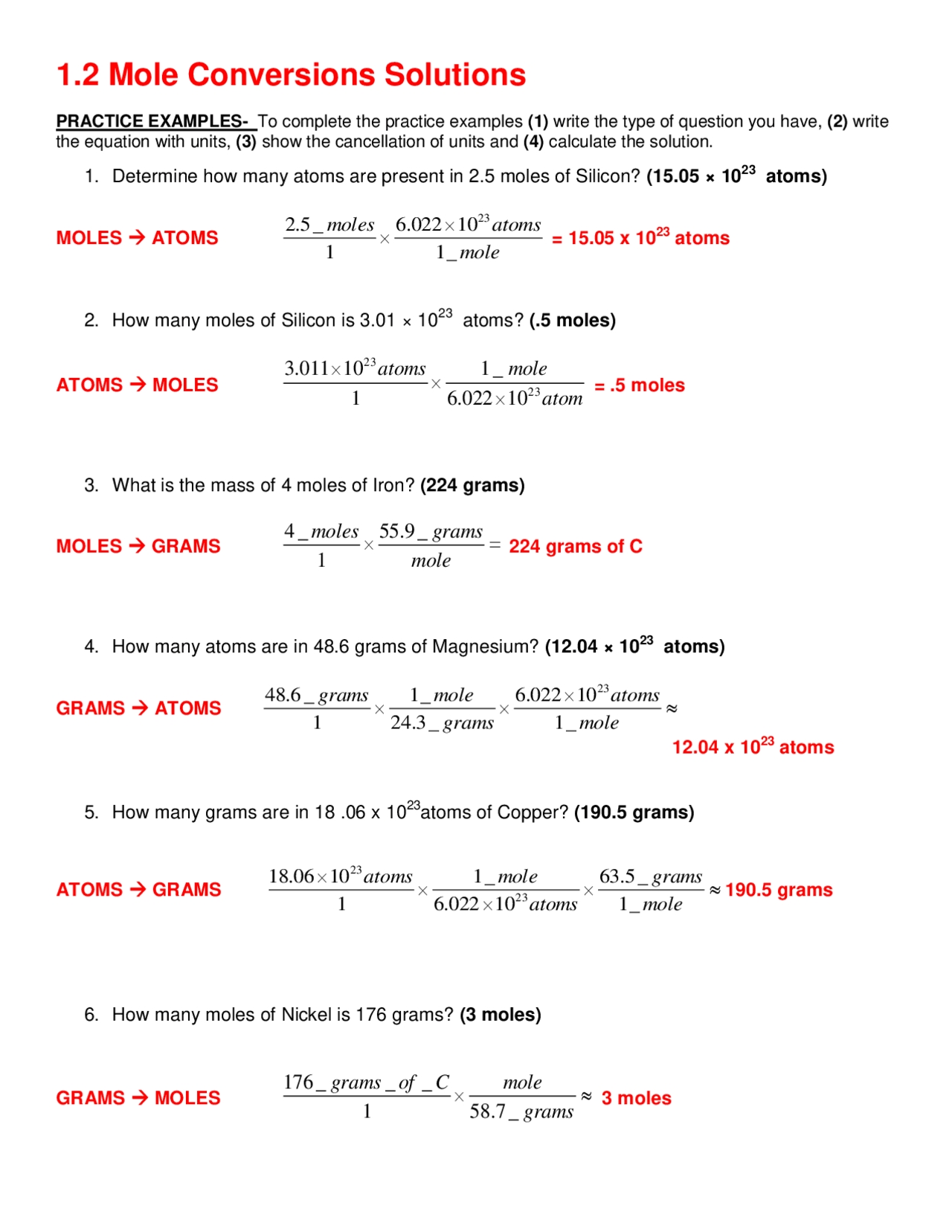 Mole Conversions Solutions Worksheet Exercises Chemistry Docsity Moles Grams And Particle Conversions Worksheet Worksheets Library
