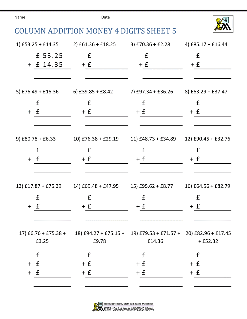 Money Addition Worksheets UK Money Money Addition Worksheets UK Money