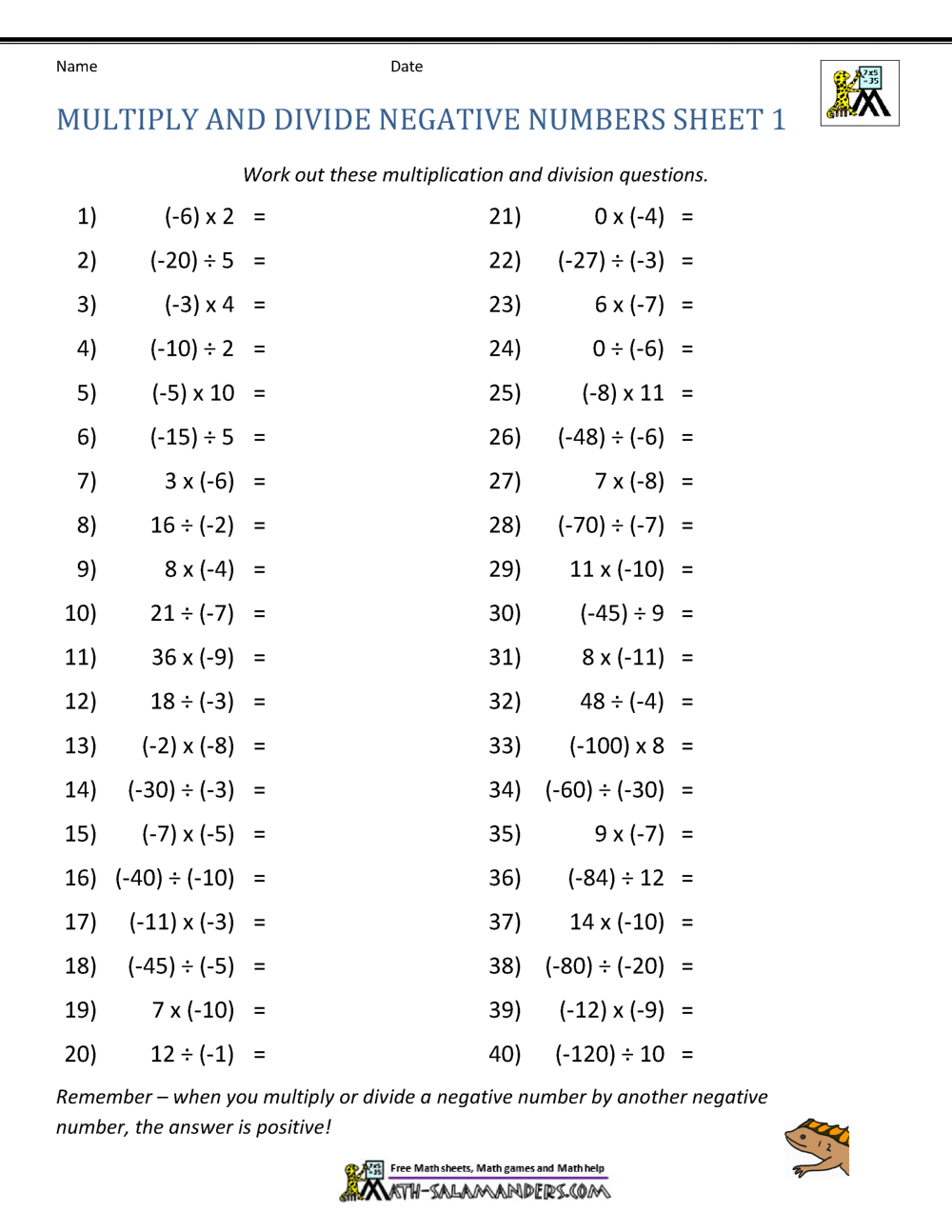 Multiply And Divide Negative Numbers Multiply And Divide Negative Numbers