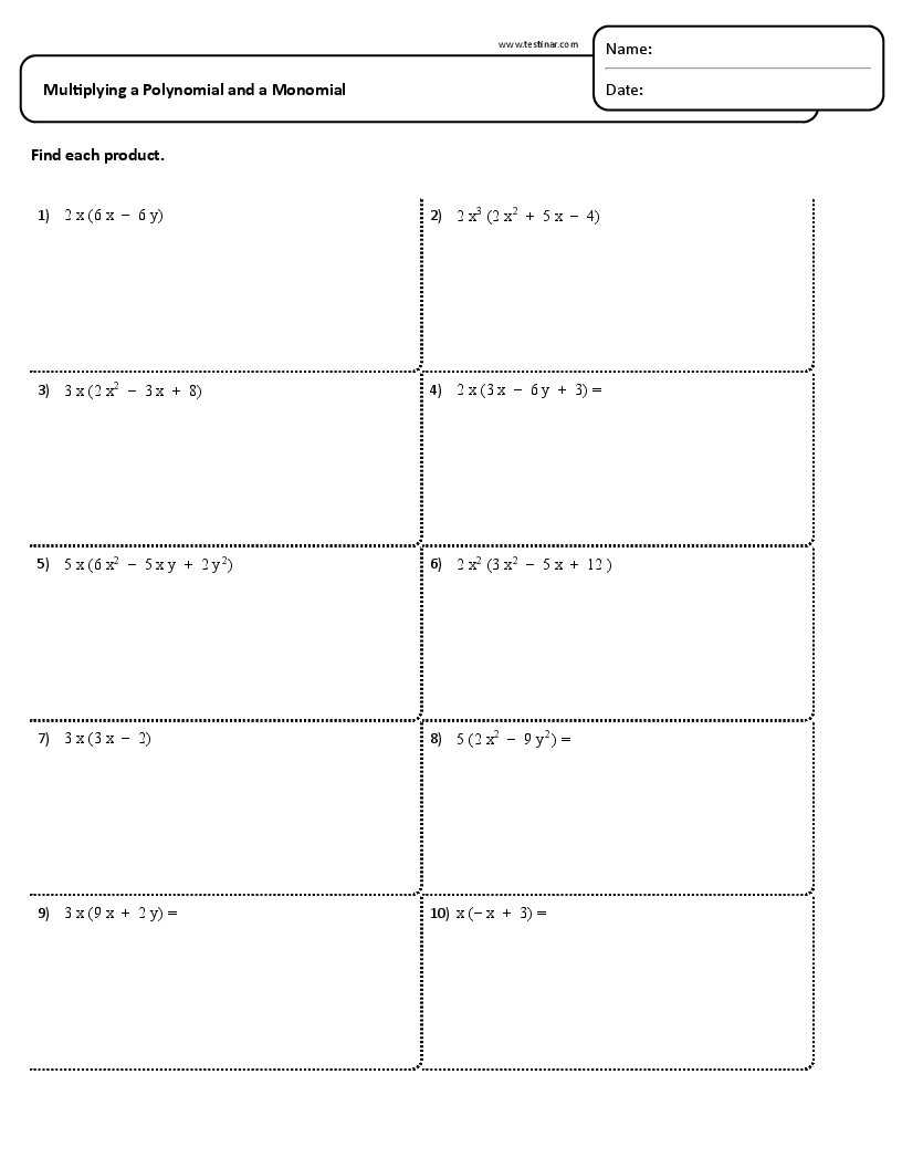Multiplying A Polynomial And A Monomial Worksheets
