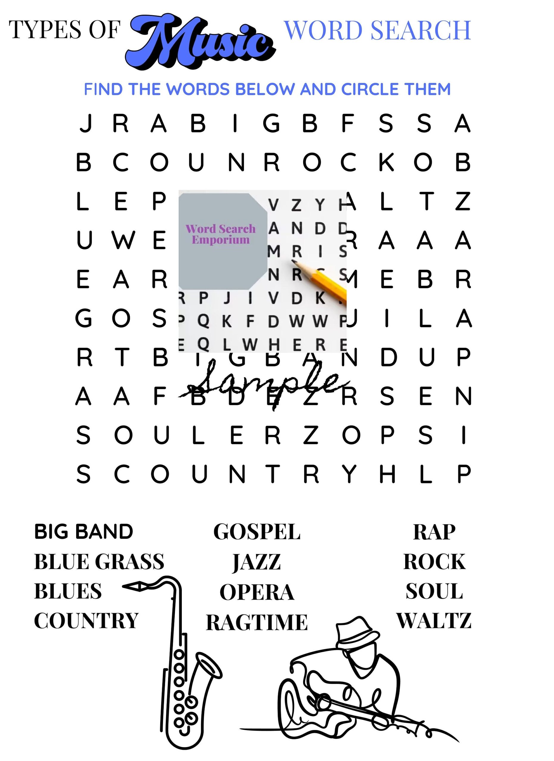 Music Genres Word Search Puzzle Printable PDF Game Etsy
