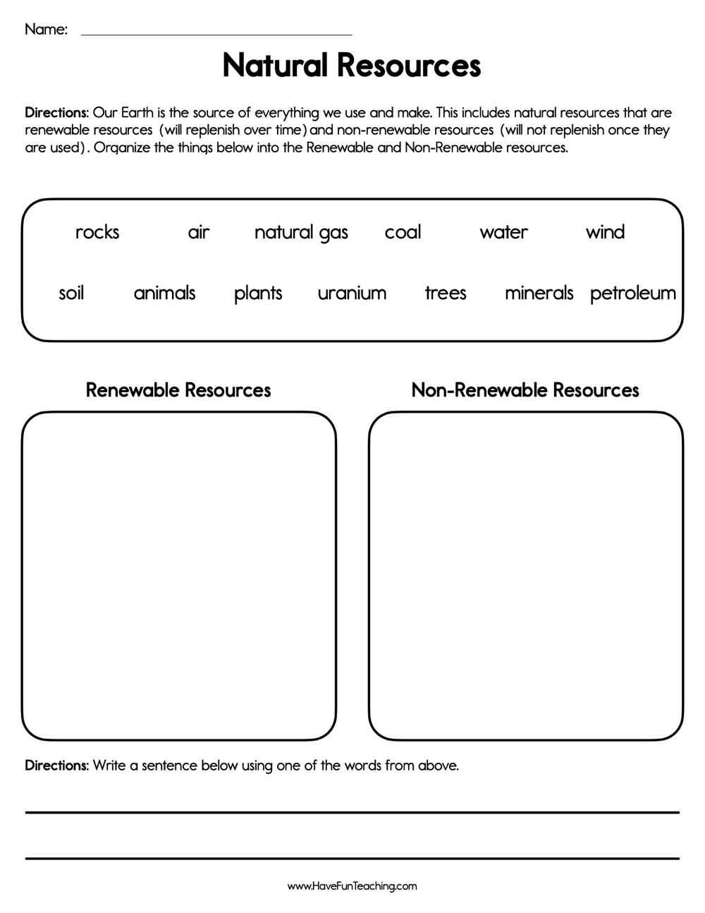 Natural Resources Sorting Worksheet Have Fun Teaching