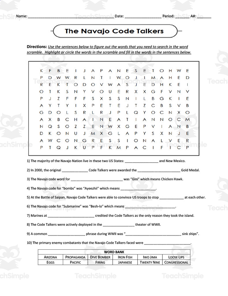 Navajo Code Talkers Fill In The Blank Worksheet By Teach Simple