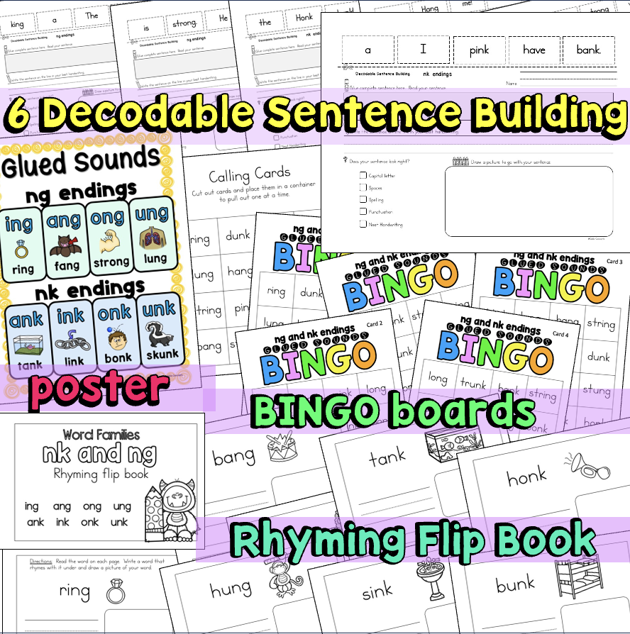 Ng And Nk Ending Worksheets Word Families Ing Ang Ong Ung Ink Onk Unk Made By Teachers