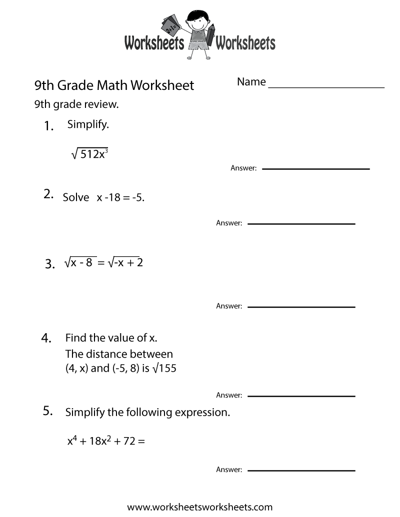 Ninth Grade Math Practice Worksheet Worksheets Worksheets High School Math Worksheets Math Worksheets PDF Cazoom Math