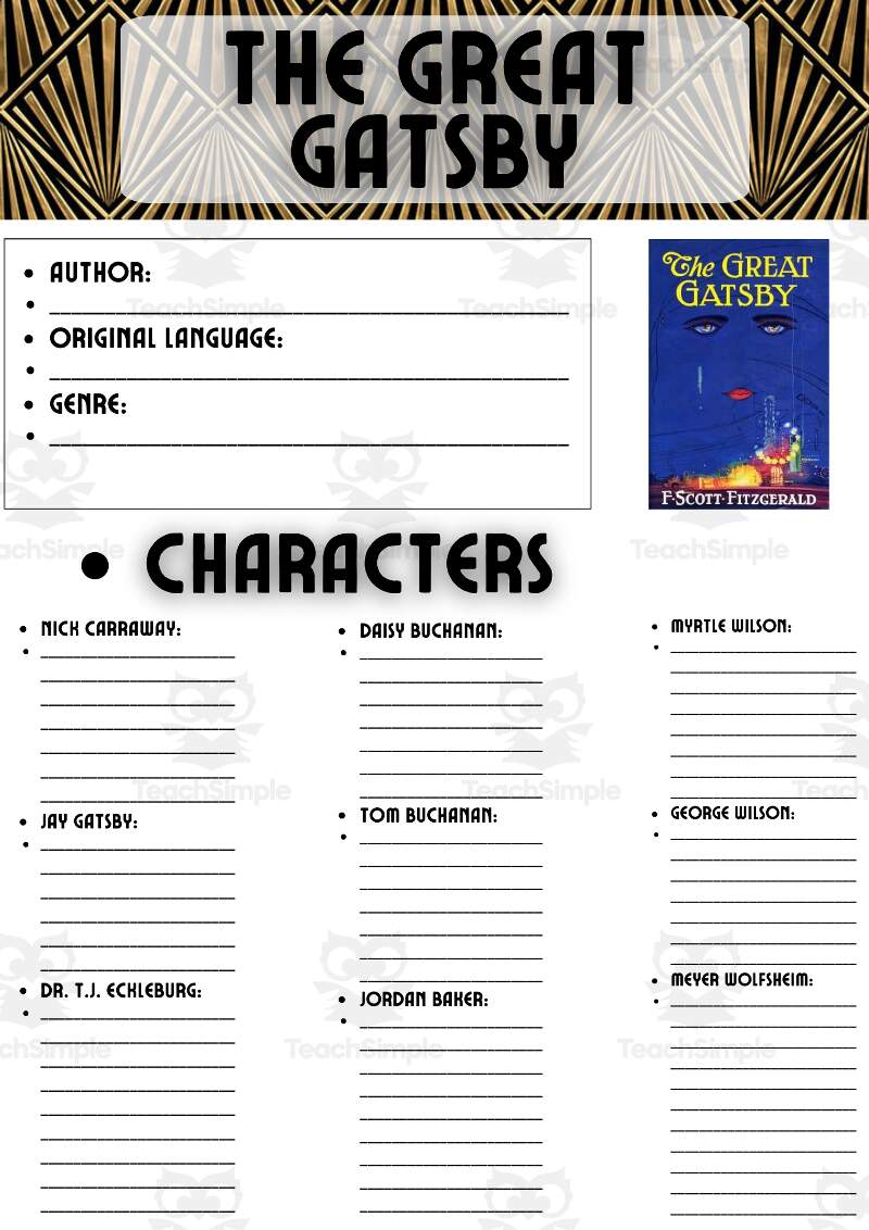 Novel Study Worksheets On The Great Gatsby By F Scott Fitzgerald By Teach Simple