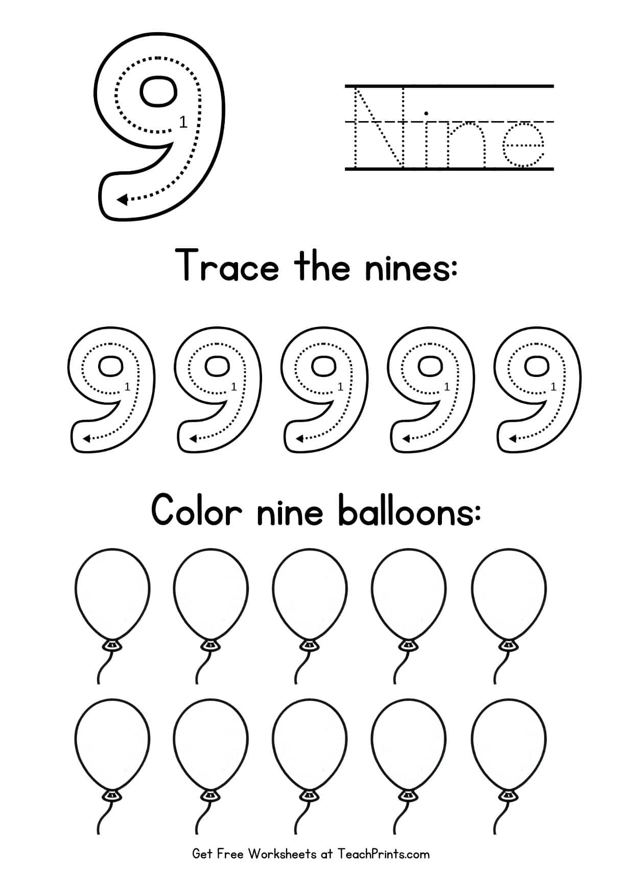 Number 9 Tracing Worksheets Free Printables Teach Prints Tracing Number 9 Kindergarten Worksheet Free Printable PDF